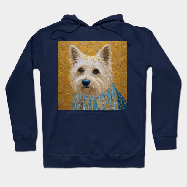 Gustav Klimt Style White Dog with Geometric Blue Garment Hoodie by bragova